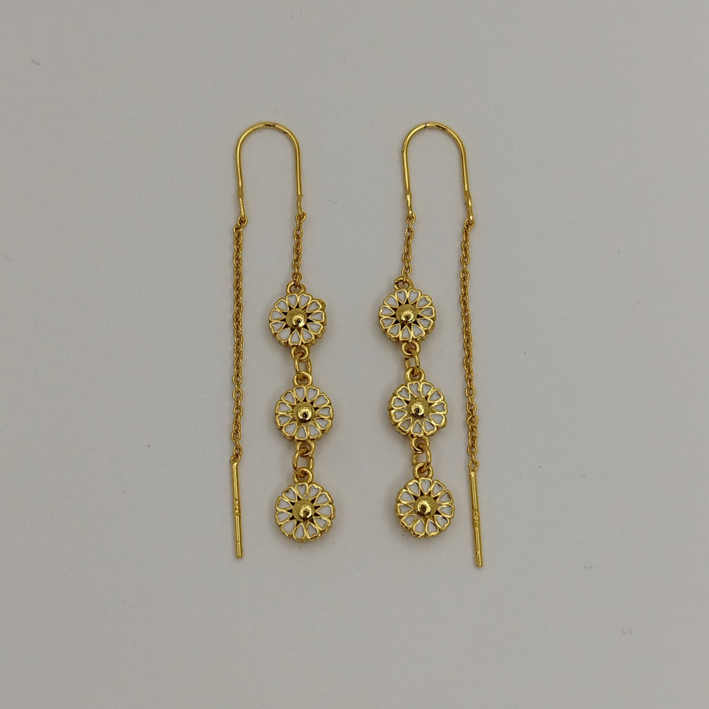 Drop ørering, 3 blomster, hjerter, 18K forgyldt, hvide emalje