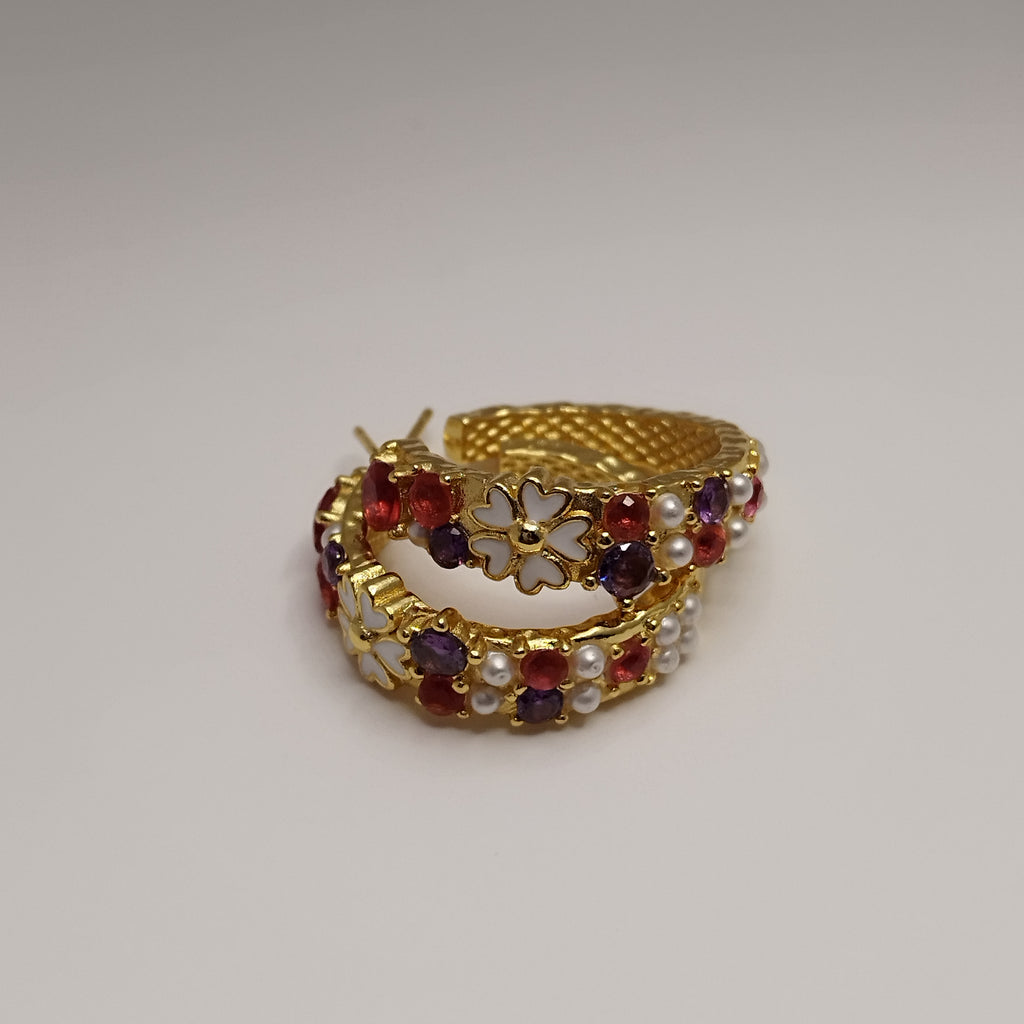 Farverige 18K guldbelagte creoler med grønne blomster og perler – 925 sølvpin