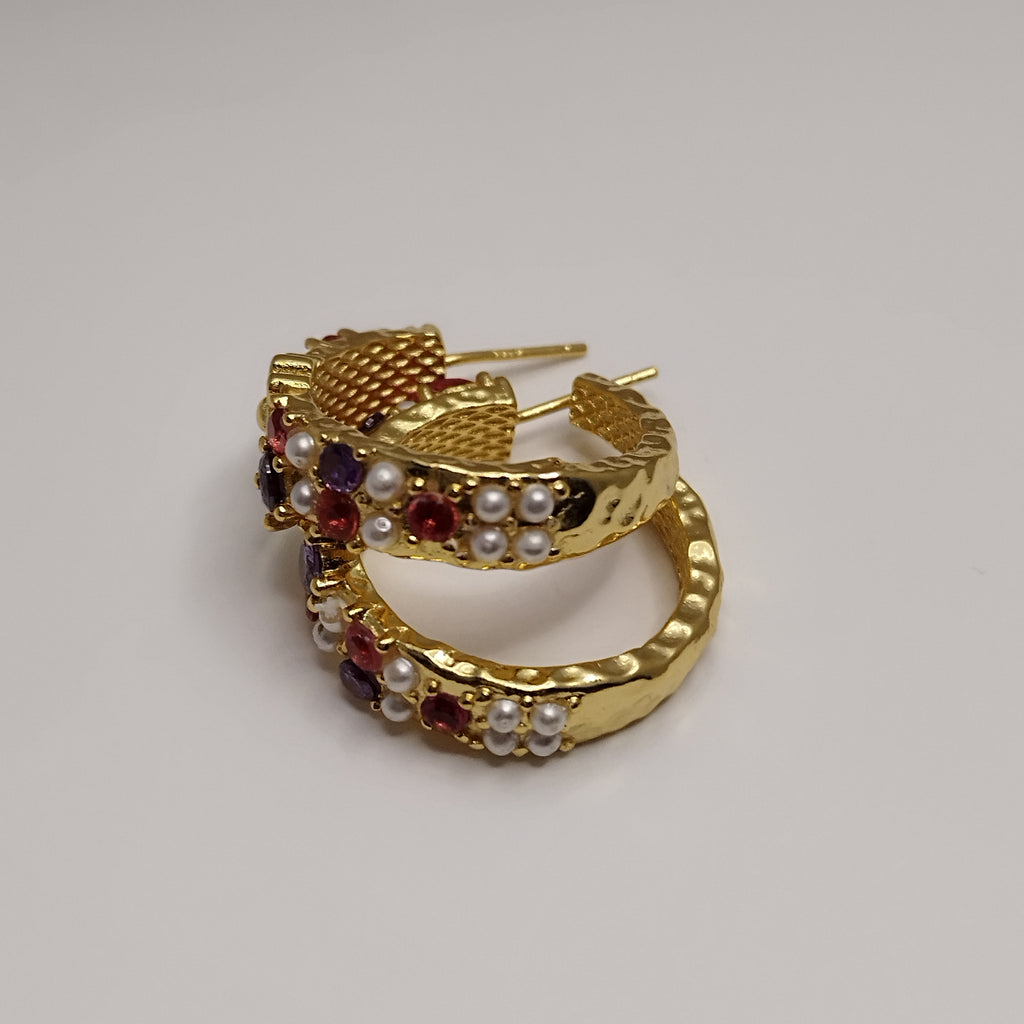 Farverige 18K guldbelagte creoler med grønne blomster og perler – 925 sølvpin